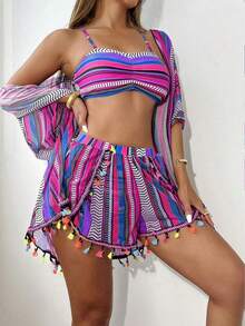 4 piezas Conjunto de bikini con parte superior fruncida con estampado geométrico de moda y Bottom con estampado geométrico, cubrecostillas con flecos multicolor y shorts, conjunto de bikini de carnaval de verano, playa de verano - Morado - Ver 4