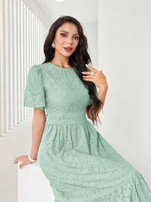 Vestido midi de mujer con cuello redondo, mangas con volantes, bordado y dobladillo con volantes - Verde Niebla - Ver 5