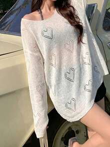 Cubrecuerpo de punto calado con hombros caídos para mujer, transparente y veraniego - Blanco - Ver 3