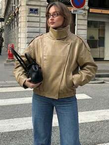 Chaqueta de cuero sintético vintage de motocicleta para mujer 2026, con cuello alto, cremallera y parches, corte holgado para invierno - Caqui - Ver 1