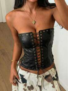 Top corto con tirantes finos y dobladillo con volantes, adecuado para vacaciones en la playa de manera casual - Negro - Ver 5