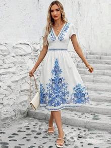 Clasi Vestido de mujer elegante de verano con cuello en V, estampado de flores colocado, bolsillos dobles en la cintura, silueta evasé, adecuado para diversas ocasiones: playa, viajes, uso diario, casa, etc. - Marrón - Ver 5
