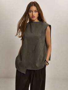 Blusa suelta con bajo asimétrico de unicolor para mujer - Verde Oscuro - Ver 4