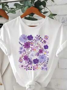Women's Casual One-Piece T-Shirt, Purple Floral Print On White Background, Round Neck, Cotton Casual T-Shirt, Knit Fabric, Regular Fit For Ladies, Ideal For Spring/Summer/Autumn, Must-Have. - 白色 - 查看 7