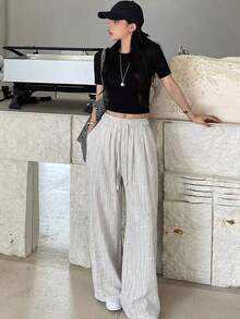 Pantalones largos casuales de mujer de unicolor con cordón en la cintura - Gris Claro - Ver 4