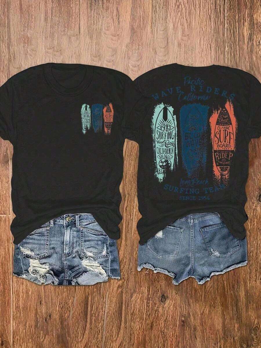 Women's Short-Sleeved Crew Neck T-Shirt, Vintage Surfboard Design, West California Surfer Style, Unisex, Suitable For Summer And Spring, Ideal For Casual Daily Outings, Short-Sleeved Summer Top, Retro Y2K Print T-Shirt. - 黑色 - 查看 1