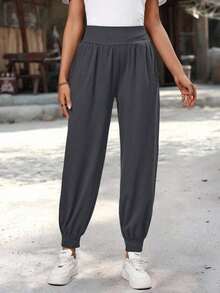 Pantalones casuales de mujer de cintura alta, plisados, con bolsillos y cordón - Gris - Ver 7