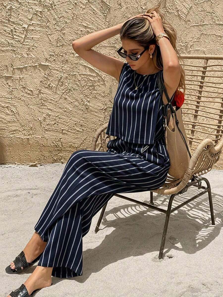 Conjunto de 2 piezas de top de tirantes casual a rayas y pantalones rectos para mujer, para verano - Azul marino - Ver 1