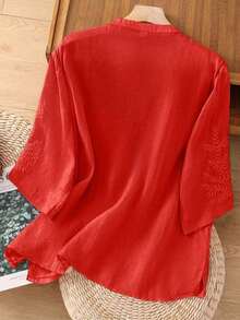 Blusa de lino holgada, informal, con bordado asimétrico de unicolor para primavera y verano para mujer - Rojo - Ver 5