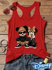 This Ladies' Round Neck Vest Features A Stylish Disney Mickey And Minnie Print, Designed For Comfort And Breathability. Its Relaxed I-Shaped Cut Makes It A Versatile Choice For Commuting, Vacations, Home, Or Travel - Đỏ - Xem 1