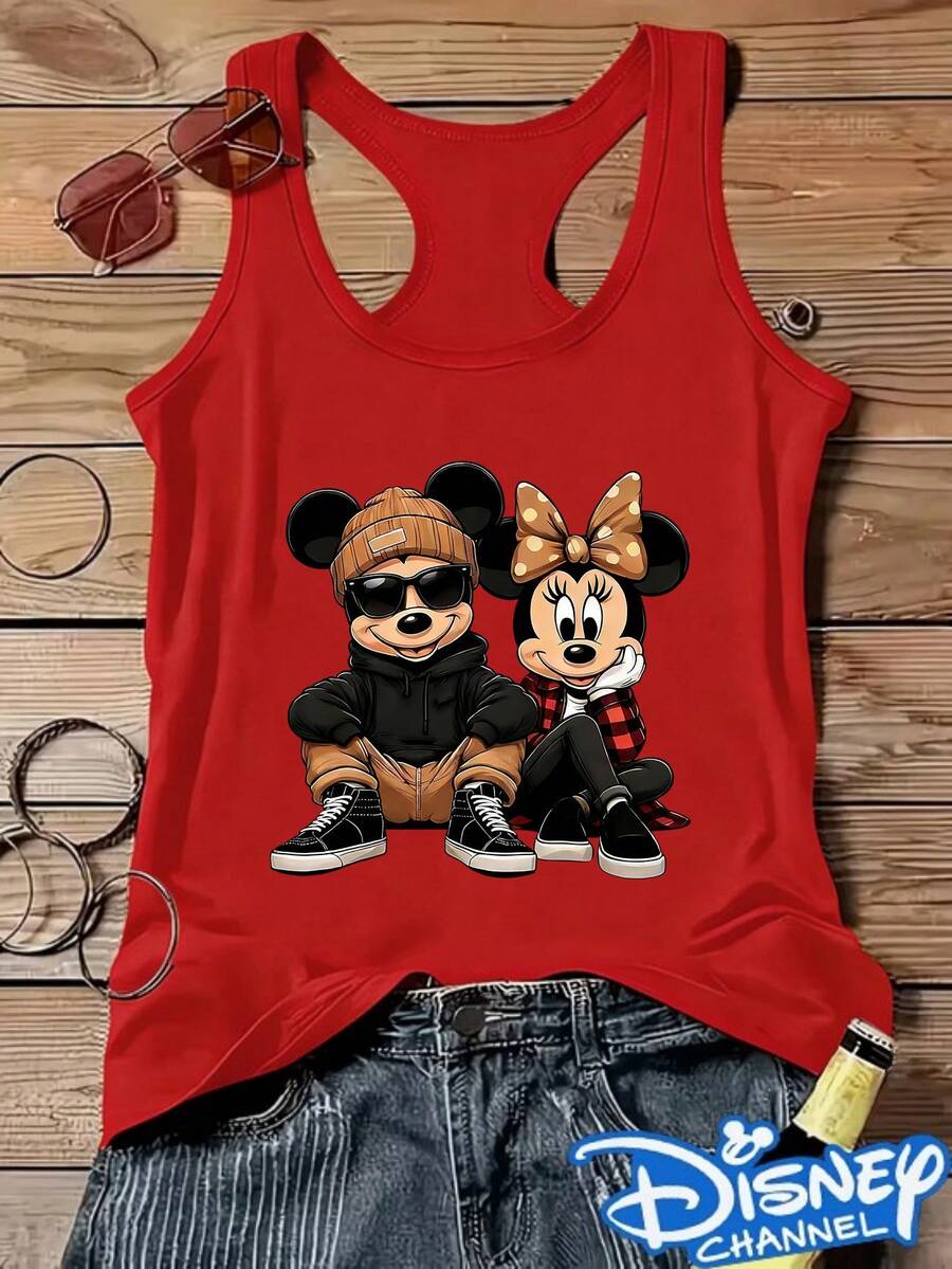 This Ladies' Round Neck Vest Features A Stylish Disney Mickey And Minnie Print, Designed For Comfort And Breathability. Its Relaxed I-Shaped Cut Makes It A Versatile Choice For Commuting, Vacations, Home, Or Travel - Đỏ - Xem 1