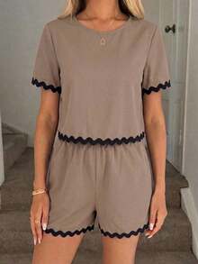 Conjunto de 2 piezas de top de manga corta con cuello redondo a cuadros y shorts casuales para mujer, de verano - Caqui - Ver 5