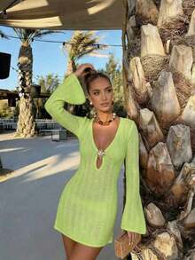 Vestido de manga larga de punto para mujer, estilo de vacaciones en la playa - Verde hierba claro - Ver 6