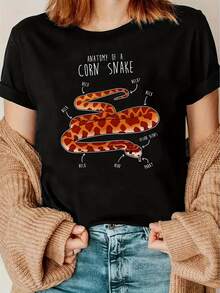 Camiseta de manga corta con estampado y cuello redondo de algodón puro para mujer, camiseta de verano de manga corta con cuello redondo para mujer - top opaco estampado, casual y a la moda, transpirable y cómoda para el uso diario, estilo versátil adecuado para diversas ocasiones, lavable a máquina, ideal para primavera y verano. - Negro - Ver 1