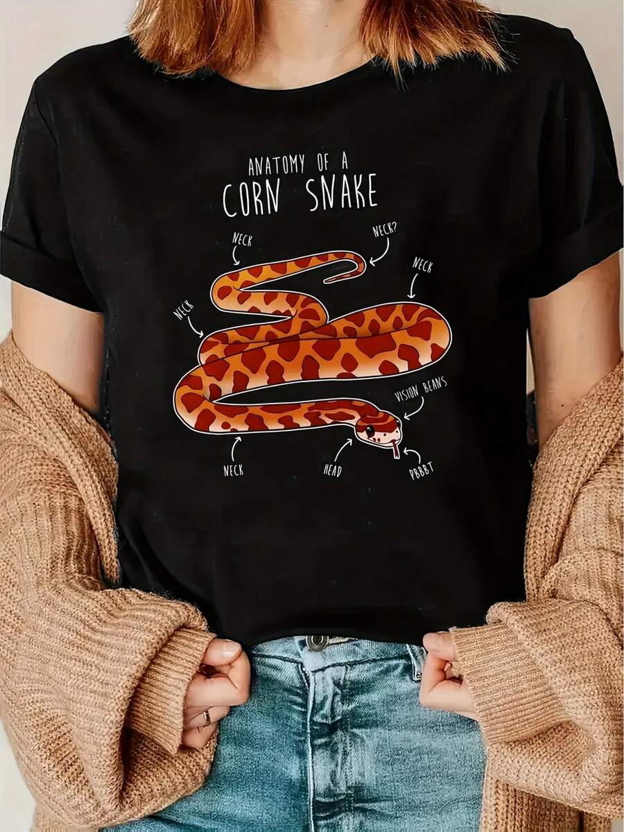 Camiseta de manga corta con estampado y cuello redondo de algodón puro para mujer, camiseta de verano de manga corta con cuello redondo para mujer - top opaco estampado, casual y a la moda, transpirable y cómoda para el uso diario, estilo versátil adecuado para diversas ocasiones, lavable a máquina, ideal para primavera y verano. - Negro - Ver 1