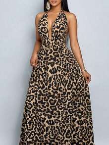 xheSOLERSUN Vestido largo de mujer de unicolor con escote halter en V, para vacaciones y playa, con espalda cruzada y anudada, para vacaciones y salidas a la playaxhe - Marrón - Ver 4