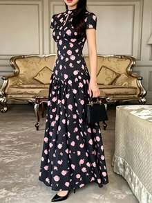 Vestido largo primavera 2026, holgado con estampado floral, estilo elegante y moderno - Negro - Ver 2