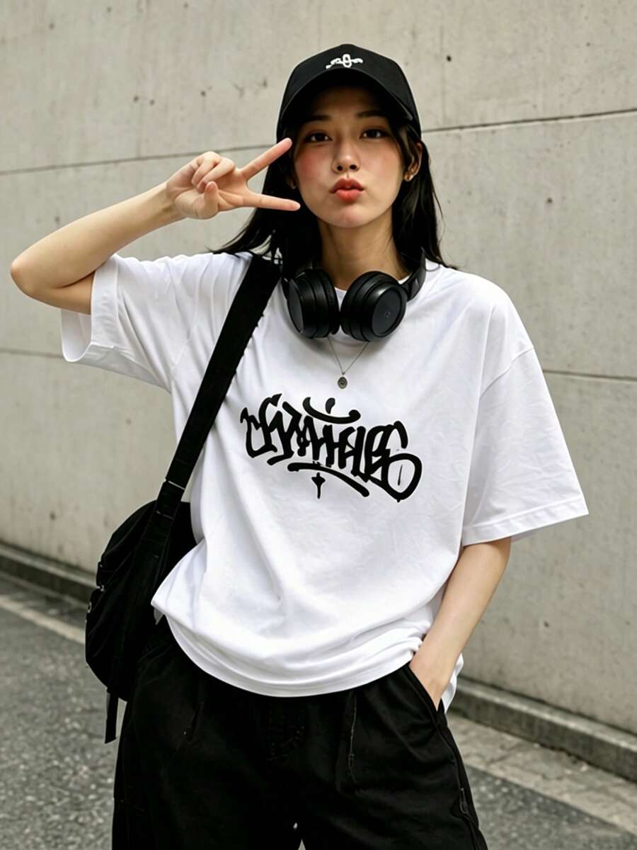 Envío local:Playera Blanca para Mujer con Estampado de Letras Graffiti, Camiseta Básica Manga Corta Cuello Redondo Cómoda para Verano, Estilo Casual Urbano - Blanco - Ver 1