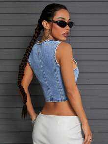 Tall Chaleco sin mangas de mezclilla lavada para mujer - Azul lavado medio - Ver 2