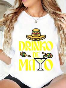 100% algodón, talla grande, 100% algodón, camiseta divertida de Cinco de Mayo, fiesta mexicana, estampado de camiseta, cuello redondo, mangas cortas, tela elástica, top de verano. - Blanco - Ver 6