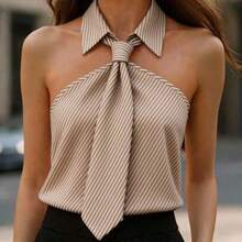Camisa de rayas casual y de uso diario para mujer, minimalista y versátil - Caqui - Ver 1