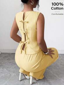 Conjunto de 2 piezas elegante con camiseta de tirantes con detalle retorcido en la espalda y pantalones de pierna ancha de unicolor para mujer - Amarillo claro - Ver 3
