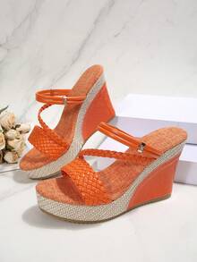 Women's Linen Platform Wedge Sandals, Summer Woven Stone Pattern Dual-Wear Orange Beach Vacation High Heel Slippers - Orange - View 6