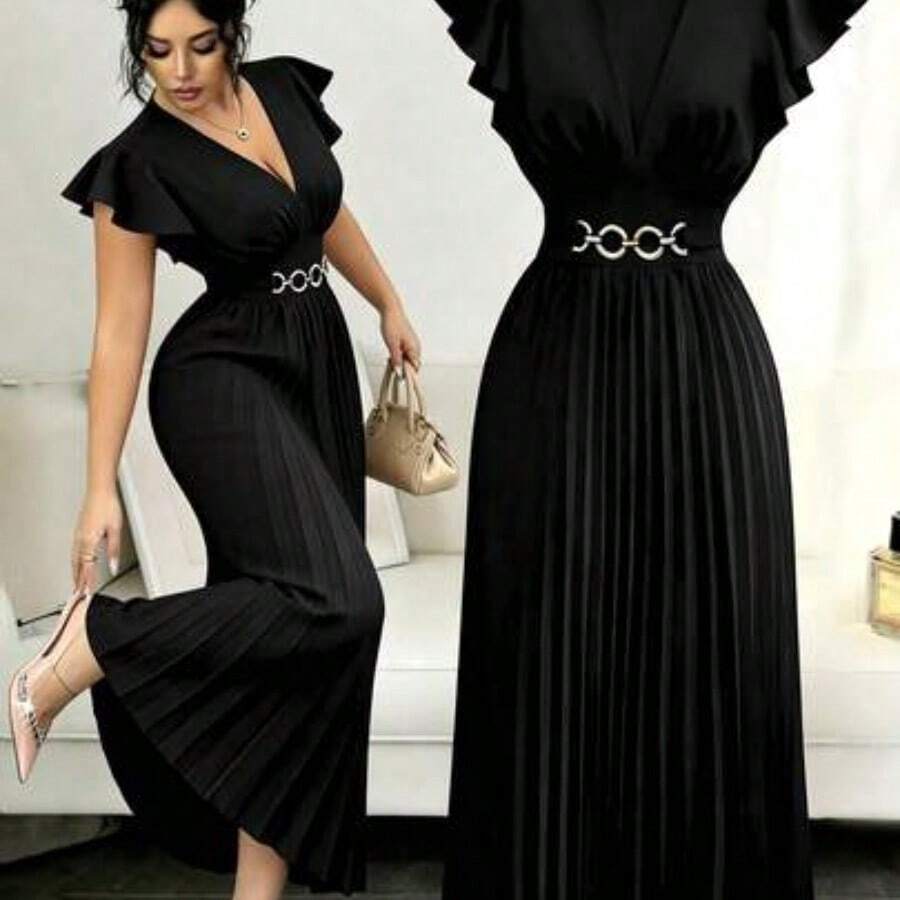 Elenzya New V-Neck Ruffle Sleeve Woven Solid Color Metal Decor Button Pleated Design Elegant Young Party Holiday Dinner Cocktail Maxi Dress For Women - Negro - Ver 1