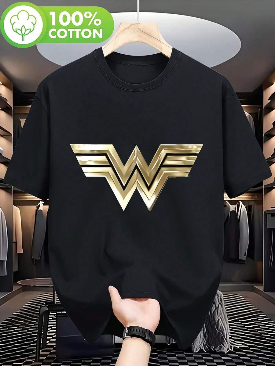 Camiseta de Mujer de con Logotipo Dorado, 100% Algodón, Cuello Redondo Casual, Camiseta Súper Suave y Transpirable de Verano - Perfecta para el Día de la Madre, Playa de Verano, Uso Diario, Regalo para Fans de - Negro - Ver 1