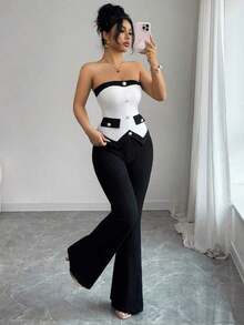 Conjunto de 2 piezas de top corto con tirantes finos y pantalones acampanados de cintura elástica, diseño versátil y casual con contraste de colores, estilo minimalista y sexy al estilo americano - Blanco y Negro - Ver 8