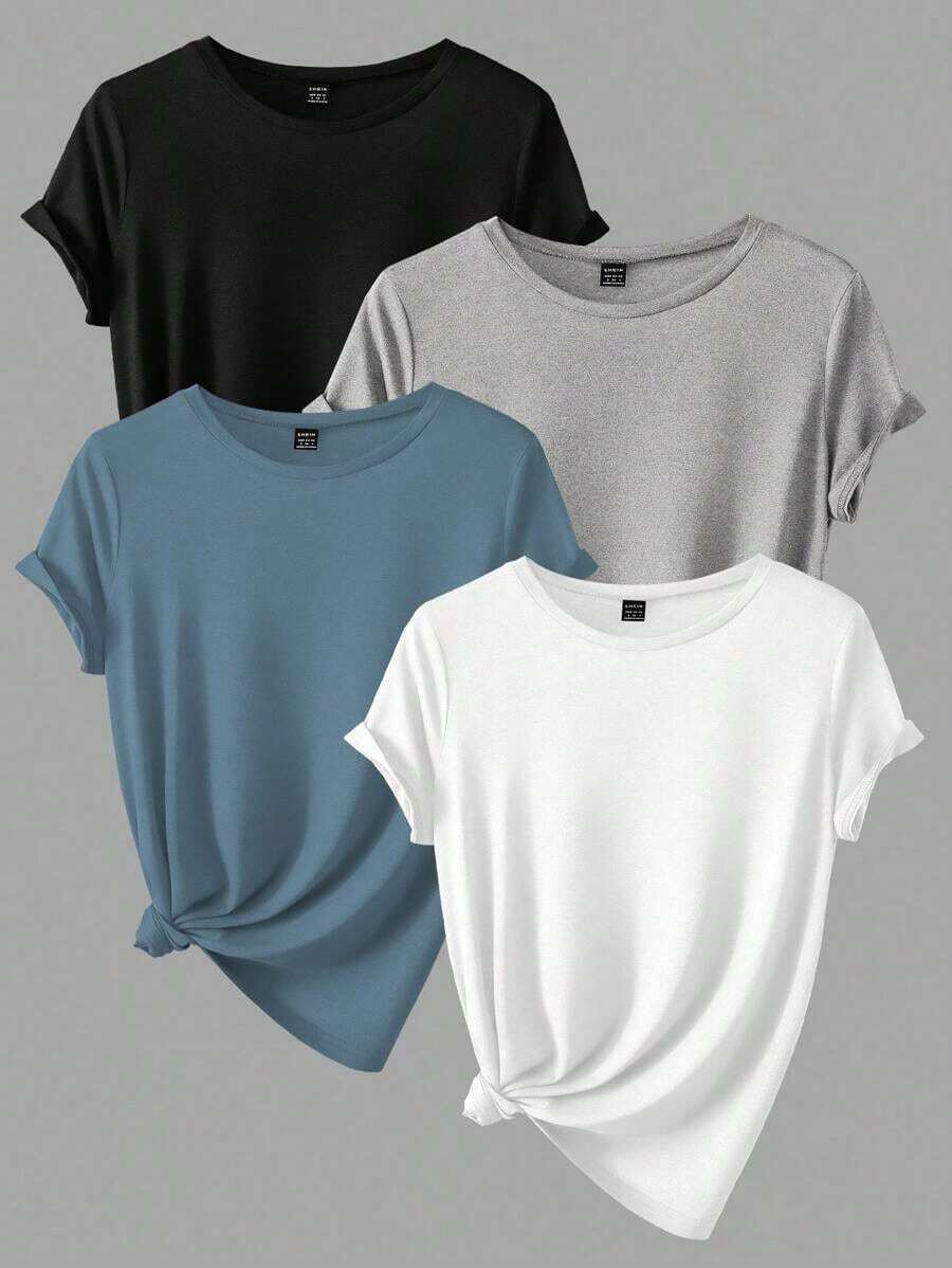 4 piezas Camisetas de manga corta de unicolor casual para mujeres - Multicolor - Ver 1