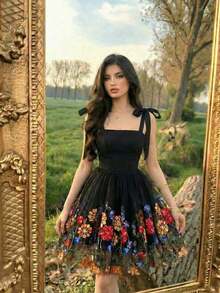 MOD Vestido estilo retro con estampado floral rosa y cinturón con lazo - Negro 2 - Ver 3