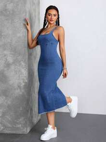 Tall Vestido midi de jean de manga hombros abierta, cuello cuadrado, ajustado y entallado para fiesta y vacaciones - Azul - Ver 7