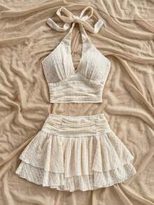 Conjunto de 2 piezas de top sin mangas ajustado con cuello en V y falda mini de doble capa acampanada en color beige texturizado, atuendo de resort - Beis - Ver 4