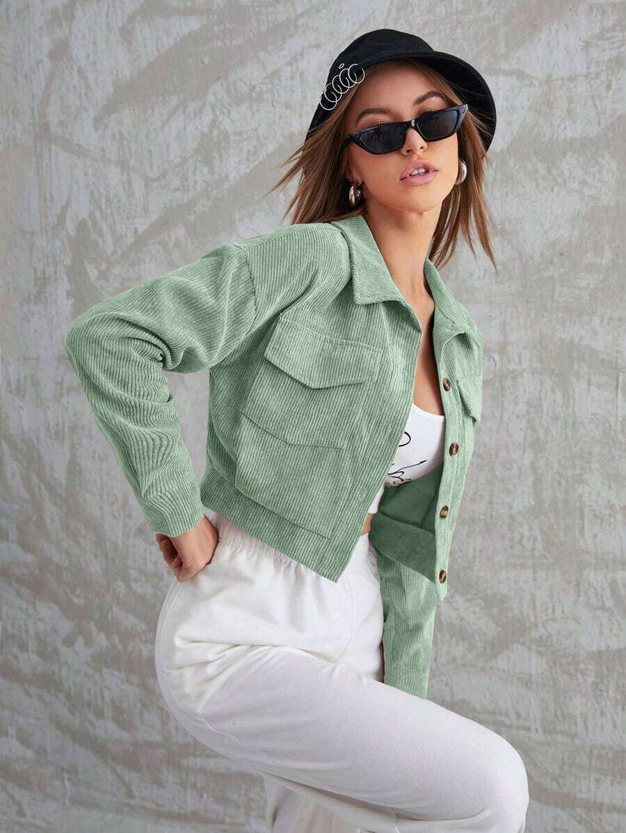 Cazadora corta de pana con bolsillo con solapa con botón - verde menta - Ver 1