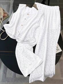 2 piezas Nuevos pantalones sueltos de punto calado de mujer para primavera/verano, conjunto casual para vacaciones en la playa (Patrón cortado al azar) - Blanco - Ver 3