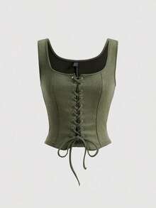 MOD Camiseta de mujer con estampado floral y cordones delanteros - verde militar 2 - Ver 5