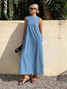 Vestido vaquero casual y suelto de cuello redondo y sin mangas para mujer, vestido de verano para mujer - Azul - Ver 3