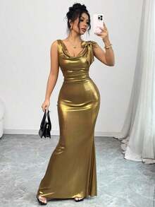 Vestido largo con espalda descubierta y decoración de lazo en color liso para mujer - Dorado - Ver 8