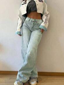 Jeans rectos holgados y apilados de estilo vintage para mujer, casuales para primavera - Lavado ligero 3 - Ver 4