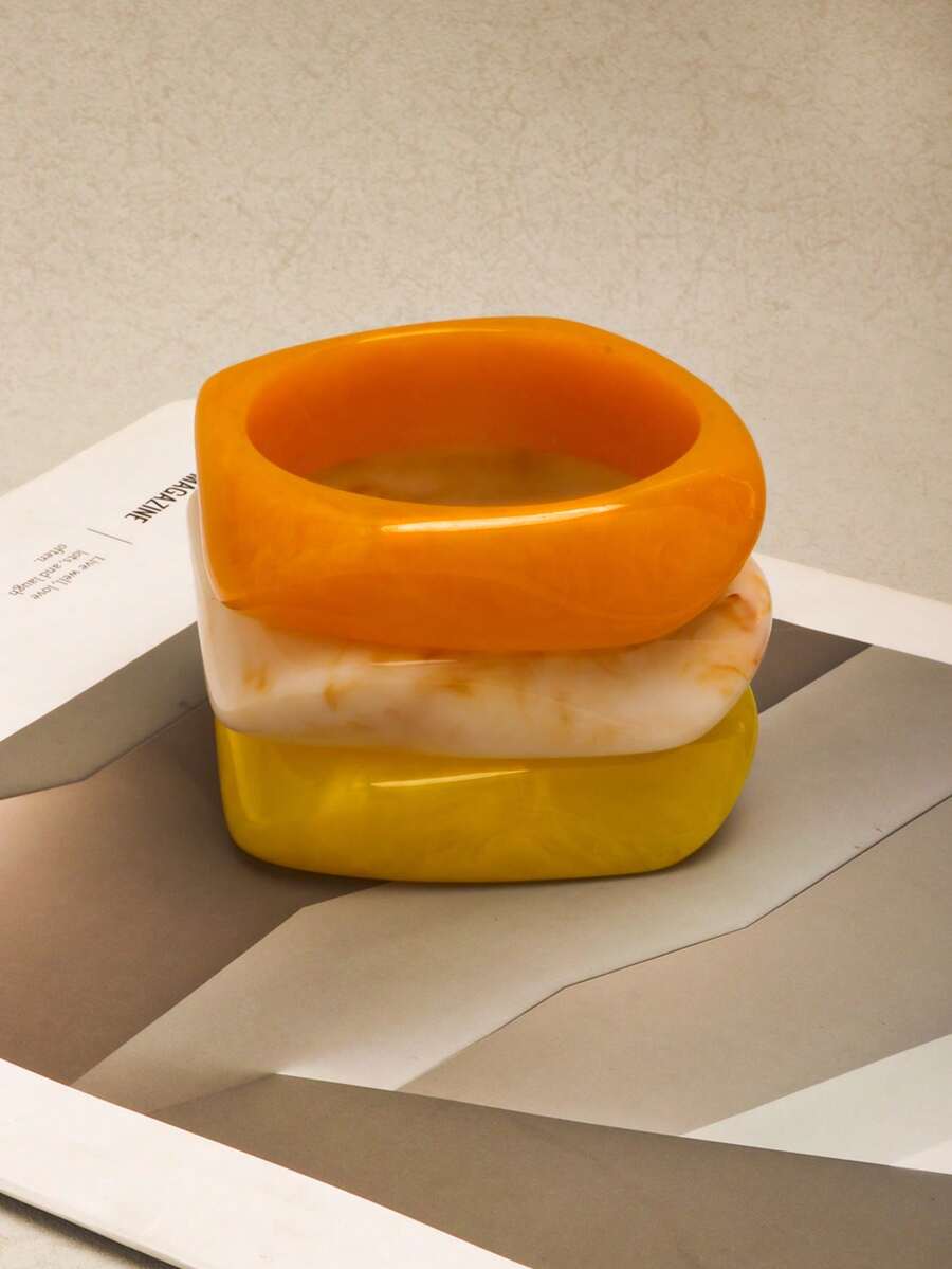 3pcs/Set Retro Exaggerated Thick Resin Bangle Set, Women's Fashion Geometric Design Bracelet - Yellow - View 1