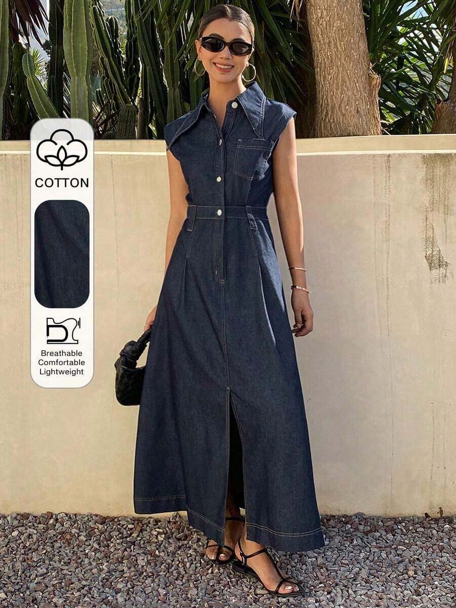 Vestido de mezclilla de unicolor con cuello y cintura ceñida sin mangas para mujer - Azul - Ver 1