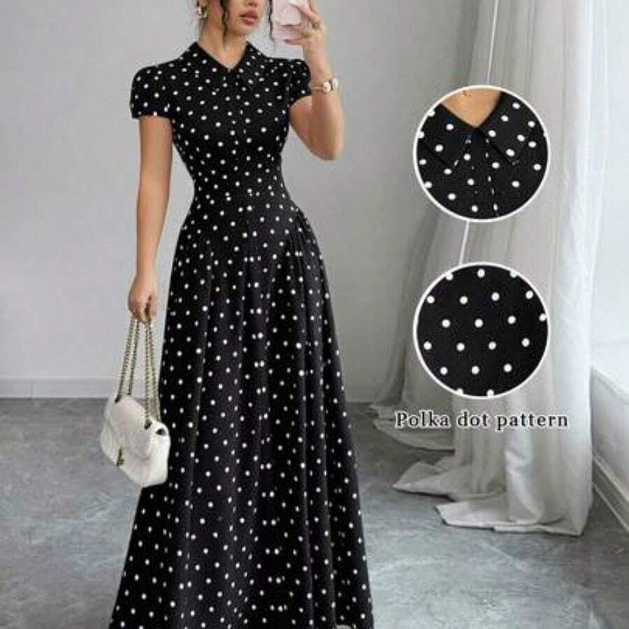 Elenzya Women's Woven Polka Dot Print Fabric Turndown Collar Button Front Gathered Lantern Sleeve Waist Gathered A-Line Elegant Vintage Fashion Business Commute Outing Holiday Black & White Polka Dot Dress, Spring/Summer - Negro - Ver 1