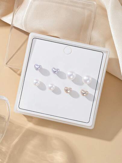 4 Pairs Delicate Small Heart-Shaped Faux Pearl Stud Earrings Set, Suitable For Daily Wear, Dates, Parties