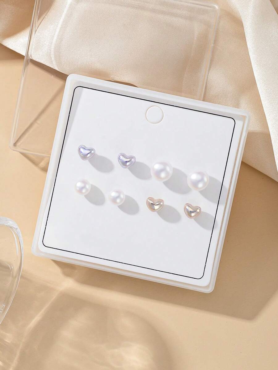 Bộ 4 đôi bông tai đính ngọc trai giả hình trái tim nhỏ nhắn, tinh tế, thích hợp để đeo hàng ngày, hẹn hò và dự tiệc. - Nhiều màu - Xem 1