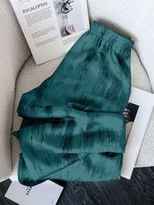 LUNE Loose Ink Paint Print Satin Loose Fit Trousers - Dark Washed Blue - View 2