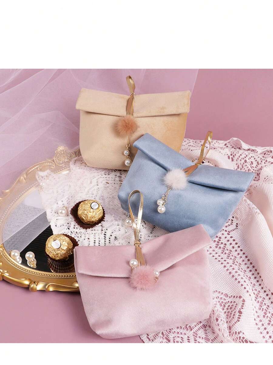 1Pc Minimalist Premium Pink Polyester Candy Bag, Mink Fur Spliced Leather Velvet With Pearl Decor, Large Capacity Wedding Favor Handbag, Candy & Jewelry Storage, Portable Cosmetic Pouch For Travel Party Festival