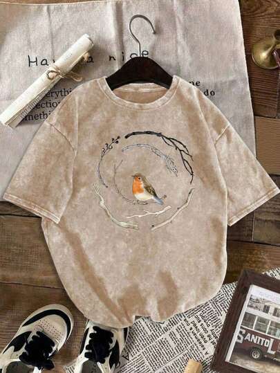 Camiseta de mujer talla grande con estampado vintage de un pájaro petirrojo posado, de cuello redondo, manga corta, cómoda y casual, ideal para primavera/verano, adecuada para uso diario casual y playa, actividades al aire libre