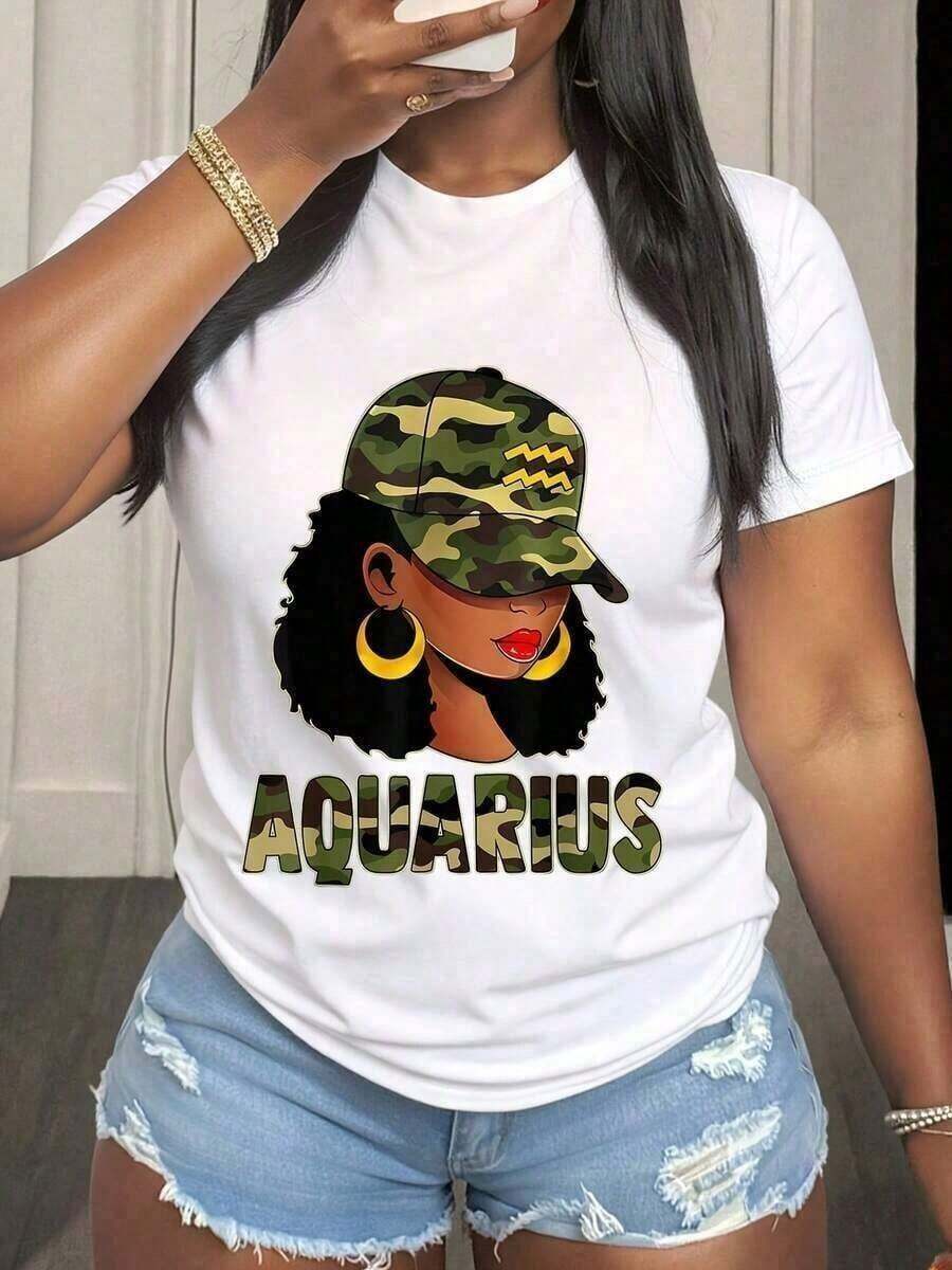 1 Piece Graphic T-Shirt With Aquarius Zodiac Sign, Woman With Camouflage Hat And Gold Hoop Earrings, For Astrology Lovers And Sign Enthusiasts, Casual Summer Style, Style Statement Piece, 180g 100% Cotton. - 白色 5 - 查看 1