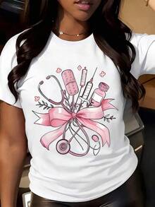 A Nursing-Themed T-Shirt Adorned With A Pink Stethoscope And Various Tools - An Adorable Gift For Healthcare Workers, Ideal For Nurses, Doctors, And Medical Staff. - White - View 1